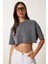 Soluk Efektli Pamuklu Crop Örme T-Shirt LBF0019 Antrasit 2