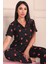 Kadın Maskülen Yaka Mantar Desenli Altı Uzun Milan Kumaş Pijama Takımı Siyah 1