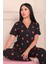 Kadın Maskülen Yaka Mantar Desenli Altı Uzun Milan Kumaş Pijama Takımı Siyah 2