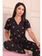 Kadın Maskülen Yaka Mantar Desenli Altı Uzun Milan Kumaş Pijama Takımı Siyah 4