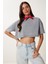 Soluk Efektli Pamuklu Crop Örme T-Shirt LBF0019 Füme 1
