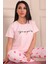 Kadın Sloganlı ve Kalp Desenli Bisiklet Yaka Kısa Kol Altı Uzun Pijama Takımı Pembe 1