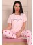 Kadın Sloganlı ve Kalp Desenli Bisiklet Yaka Kısa Kol Altı Uzun Pijama Takımı Pembe 2