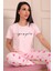 Kadın Sloganlı ve Kalp Desenli Bisiklet Yaka Kısa Kol Altı Uzun Pijama Takımı Pembe 3