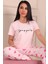 Kadın Sloganlı ve Kalp Desenli Bisiklet Yaka Kısa Kol Altı Uzun Pijama Takımı Pembe 4
