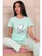 Kadın Love Sloganlı ve Baskılı Bisiklet Yaka Kısa Kol Altı Uzun Penye Pijama Takımı 3