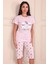 Kadın Ayıcık Desenli Bisiklet Yaka Kısa Kollu Altı Kapri Penye Pijama Takımı 1