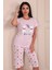 Kadın Ayıcık Desenli Bisiklet Yaka Kısa Kollu Altı Kapri Penye Pijama Takımı 2