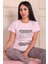 Kadın Believe Sloganlıleopar Desenli Kısa Kol Altı Uzun Penye Pijama Takımı Lila 2