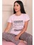 Kadın Believe Sloganlıleopar Desenli Kısa Kol Altı Uzun Penye Pijama Takımı Lila 3