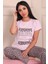Kadın Believe Sloganlıleopar Desenli Kısa Kol Altı Uzun Penye Pijama Takımı Lila 4