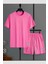 New Desıgn T-Shirt Şort - Pembe Alt Üst Kombin Şort Tişört Takım Baskılı Oversize Bisiklet Yaka 2
