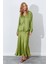 Kadın Yağ Yeşili Saten Uzun Etek 4