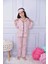 Sevimli Hayvan Figürlü Çizgili Pembe Renk Gömlek Yaka Düğmeli Pijama Takımı 1