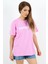 Kadın Motto Yazılı Oversize %100 Pamuk Uzun Pembe T-Shirt 3