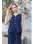 Kadın Likrasız Ipeksi Modal Yumuşak Dokulu Kumaş Flato Cepli Düğmeli Yelek-Lacivert 4