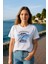 Kadın Bisiklet Yaka %100 Pamuk Mavi Kuşadası Baskılı Kısa Kollu T-Shirt 1