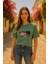 Kadın Bisiklet Yaka %100 Pamuk Blok Baskılı Kısa Kollu T-Shirt 1