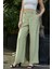 Kadın Ipeksi Modal Kumaş Yüksek Bel Beli Lastikli Apoletli Yan Cepli Bol Paça Palazzo Pantolon-Yağ Yeşil 2