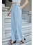 Kadın Ipeksi Modal Kumaş Yüksek Bel Beli Lastikli Apoletli Yan Cepli Bol Paça Palazzo Pantolon-Mavi 4
