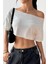Kadın Beyaz Kayık Yaka Oversize Crop T-Shirt 1
