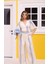 Bej Çizgi Desenli Crop Pantolon Muslin Takım 1