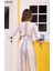 Bej Çizgi Desenli Crop Pantolon Muslin Takım 3