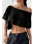 Kadın Siyah Kayık Yaka Oversize Crop T-Shirt 1