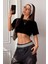Kadın Siyah Kayık Yaka Oversize Crop T-Shirt 2