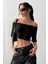 Kadın Siyah Kayık Yaka Oversize Crop T-Shirt 5