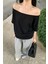 Siyah Kadın Düşük Omuz Kayık Yaka Oversize T-Shirt 1