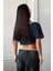 Kadın Lacivert Kayık Yaka Oversize Crop T-Shirt 4