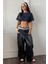 Kadın Lacivert Kayık Yaka Oversize Crop T-Shirt 6