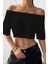 Kadın Siyah Kayık Yaka Oversize Crop T-Shirt 4