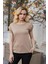 Kadın Modal Penye Geniş Sıfır Yaka Düşük Omuzlu Apoletli Kısa Kol T-Shirt Bluz-Camel 4
