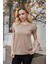 Kadın Modal Penye Geniş Sıfır Yaka Düşük Omuzlu Apoletli Kısa Kol T-Shirt Bluz-Camel 5