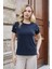 Kadın Kaliteli Modal Kumaş Sıfır Yaka Düğme Aksesuarlı Kısa Kol T-Shirt Bluz-Lacivert 2