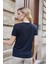Kadın Kaliteli Modal Kumaş Sıfır Yaka Düğme Aksesuarlı Kısa Kol T-Shirt Bluz-Lacivert 3