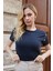 Kadın Kaliteli Modal Kumaş Sıfır Yaka Düğme Aksesuarlı Kısa Kol T-Shirt Bluz-Lacivert 5