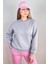 Kadın Cozy Içi Polarlı Gri Basic Bisiklet Yaka Pamuklu Kalın Örme Sweatshirt 6