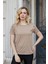 Kadın Kaliteli Modal Kumaş Sıfır Yaka Düğme Aksesuarlı Kısa Kol T-Shirt Bluz-Camel 2