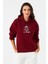 Kadın Bordo Baskılı Kapüşonlu Sweatshirt DY1451 4