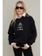 Kadın Siyah Baskılı Kapüşonlu Sweatshirt DY1451 1