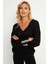 Kadın Siyah Şerit Detaylı V Yaka Sweatshirt EY2905 1