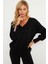 Kadın Siyah Şerit Detaylı V Yaka Sweatshirt EY2905 2