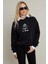Kadın Siyah Baskılı Kapüşonlu Sweatshirt DY1451 4