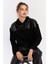 Kadın Siyah Suni Deri Bloklu Kapüşonlu Sweatshirt ST838 1