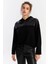 Kadın Siyah Suni Deri Bloklu Kapüşonlu Sweatshirt ST838 2
