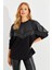 Kadın Siyah Suni Deri Bloklu Sweatshirt PKA806 1