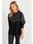 Kadın Siyah Suni Deri Bloklu Sweatshirt PKA806 2